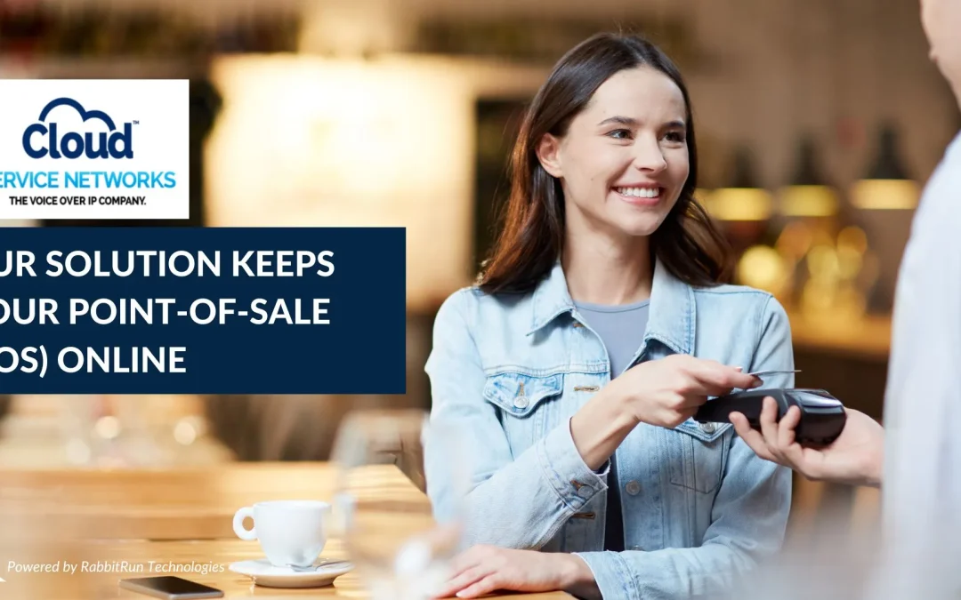 Picture of woman scanning a credit card. Words say Our solution keeps your point-of-sale (pos) online.