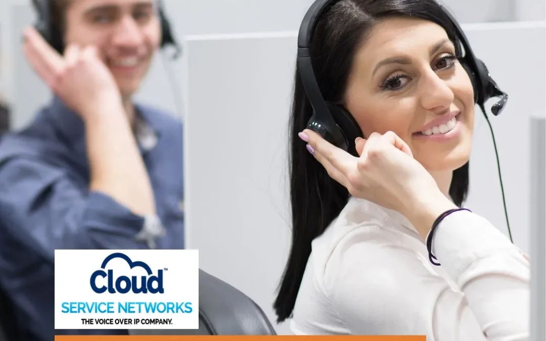 Picture of 2 people with phone headsets on with a smile on their face. Words say VOIP is always online.